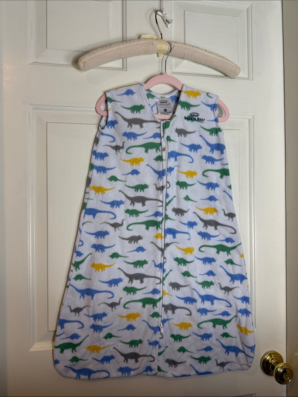 Halo Kids Fleece Sleep Sack - White with Blue, Green, Yellow & Gray Dinosaurs